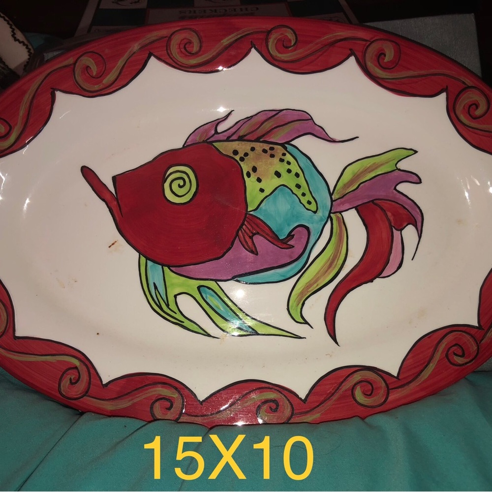 Vintage Hand Painted Colorful Fish Ceramic Serving Platter Signed by K. Kahl